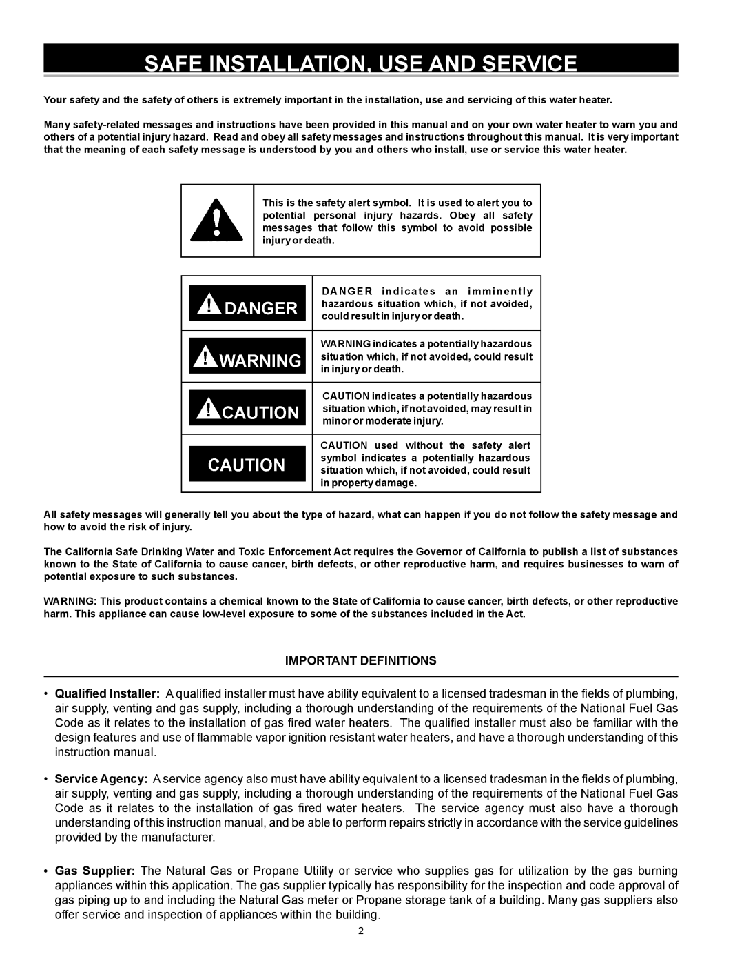 State Industries GS6 50 YRVIT, 315466-000, 185244-004, GS6 40 YBDS Safe INSTALLATION, USE and Service, Important Definitions 