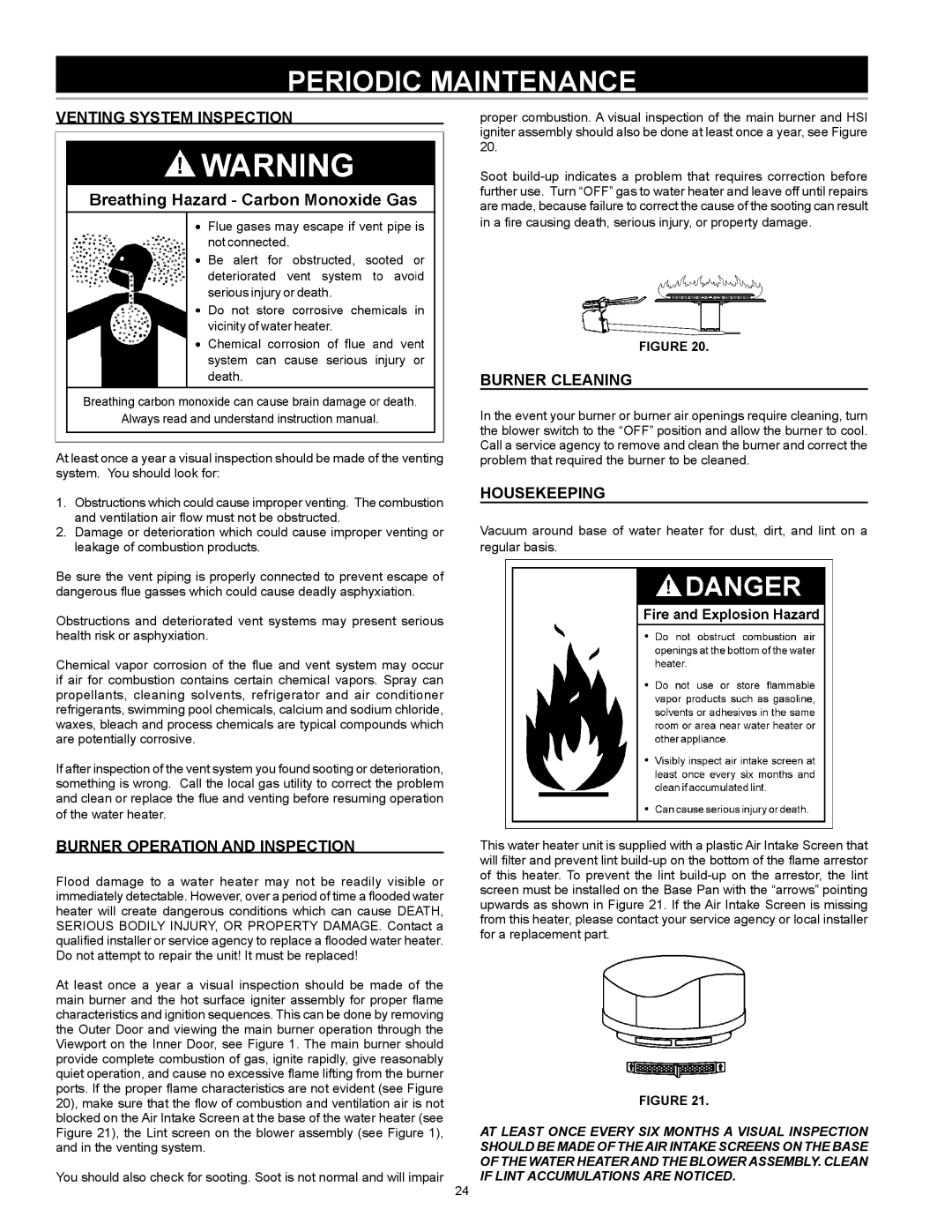 State Industries 315466-000 Periodic Maintenance, Venting System Inspection, Burner Operation and Inspection, Housekeeping 