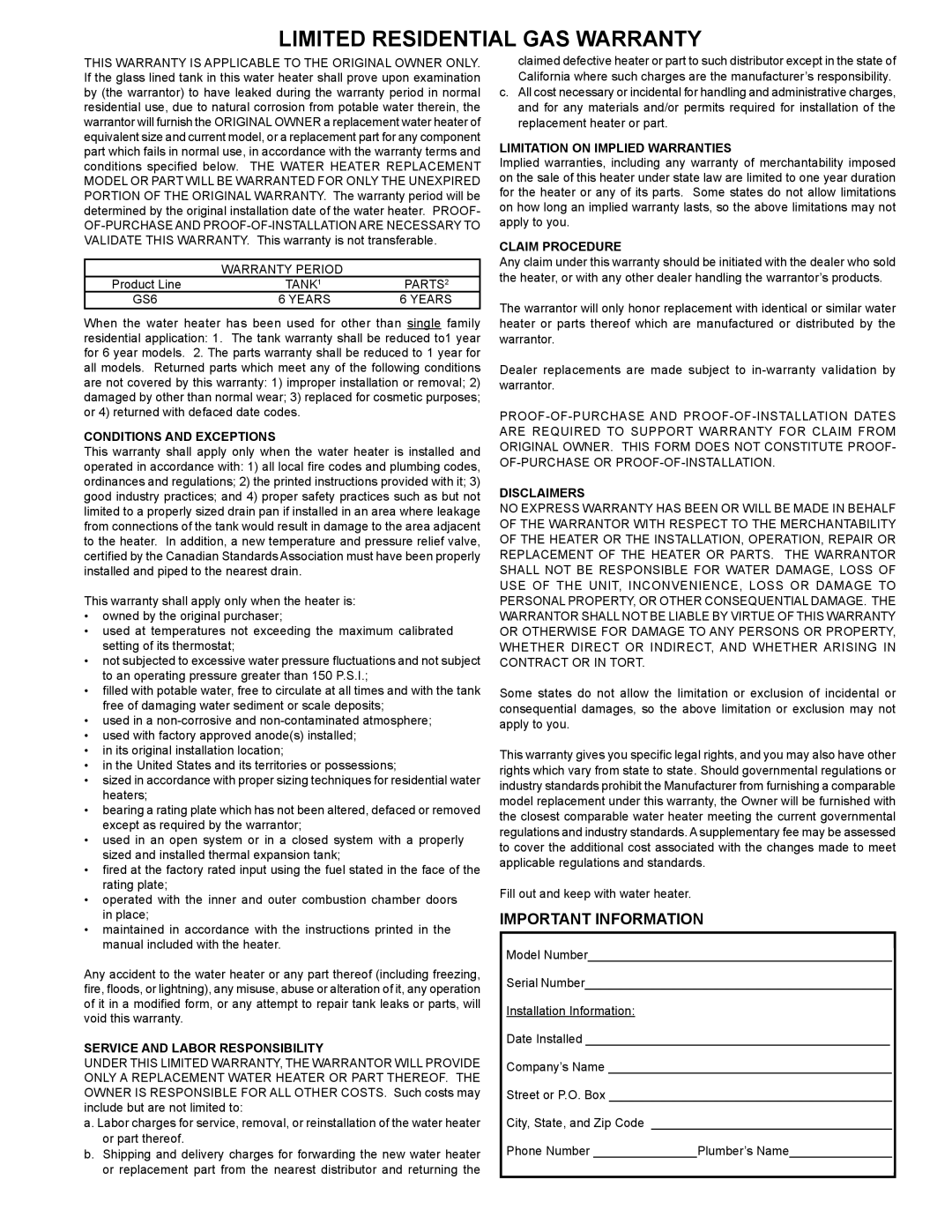 State Industries GS6 40 YBVIT 2, 315466-000, 185244-004, GS6 50 YRVIT, GS6 50 YBVIT 2, GS6 40 YRVIT Important Information 