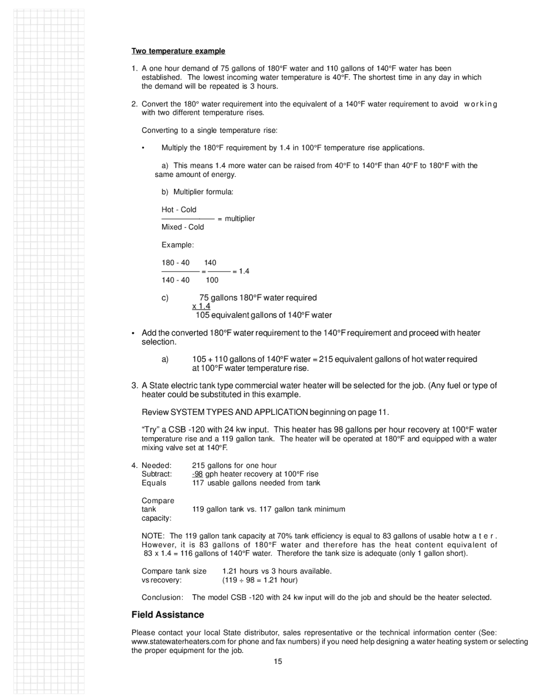 State Industries 317913-000 manual 123456789011, Field Assistance 