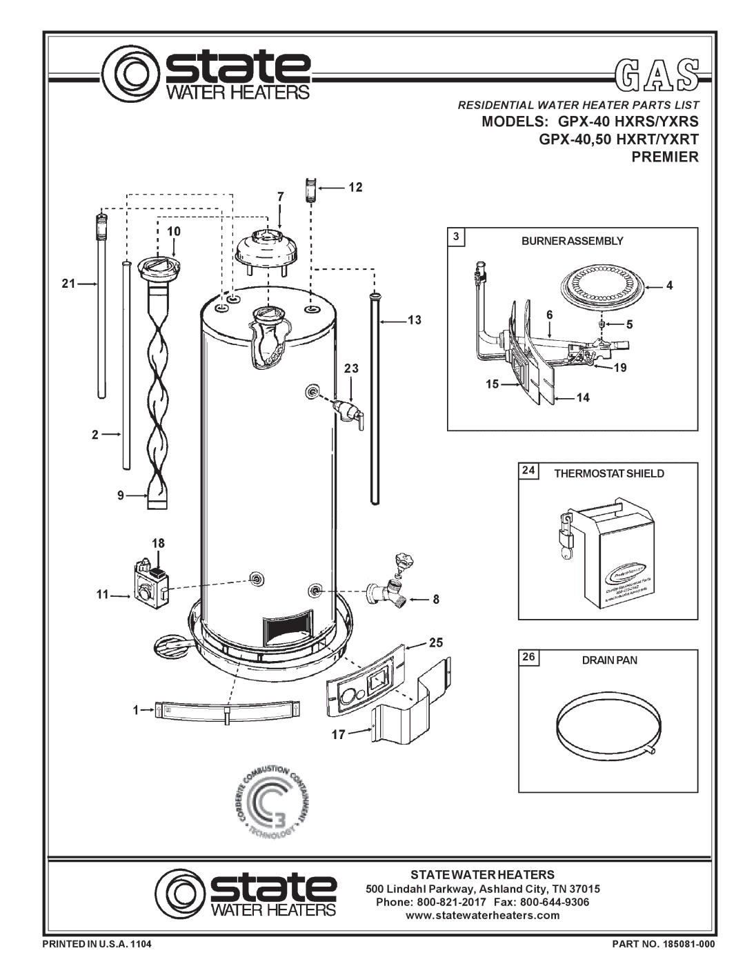 State Industries GPX-40 YXRS, GPX-40 HXRT manual Models GPX-40 HXRS/YXRS GPX-40,50 HXRT/YXRT Premier, State Water Heaters 