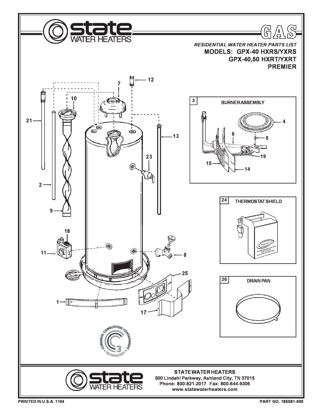 State Industries GPX-40 YXRS manual State Water Heaters, Burnerassembly, Thermostat Shield, Drain Pan, Printed In U.S.A 