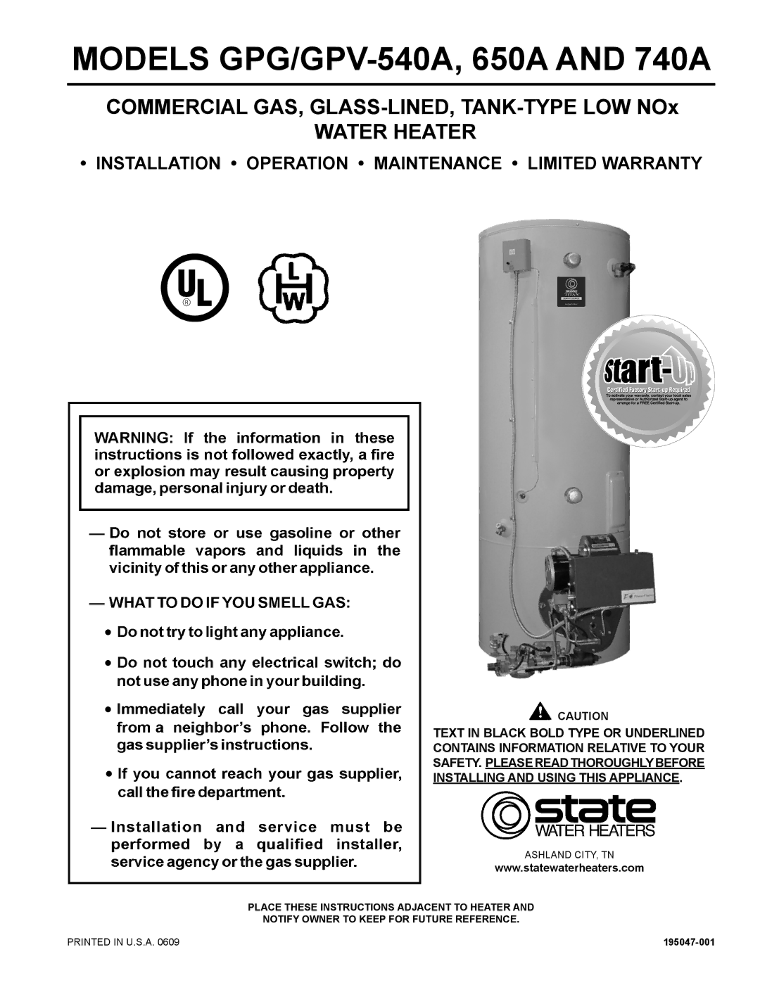 State Industries warranty Models GPG/GPV-540A, 650A and 740A 