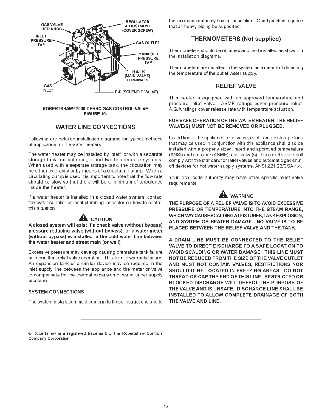 State Industries 650A, 540A, 740A warranty Water Line Connections, Relief Valve, System Connections 