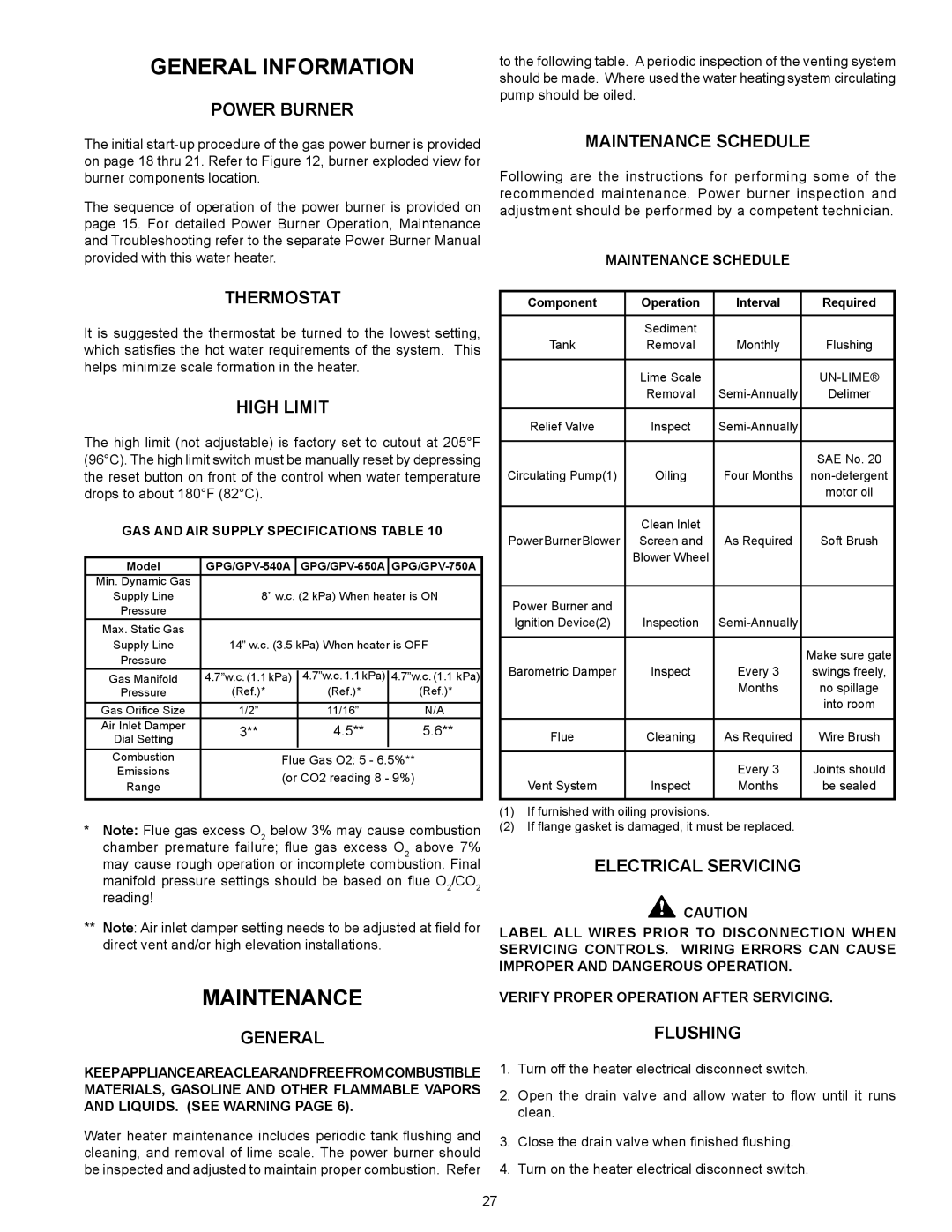 State Industries 540A, 650A, 740A warranty General Information, Maintenance 