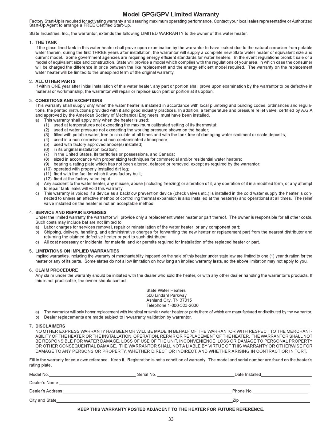 State Industries 540A, 650A, 740A warranty Model GPG/GPV Limited Warranty 