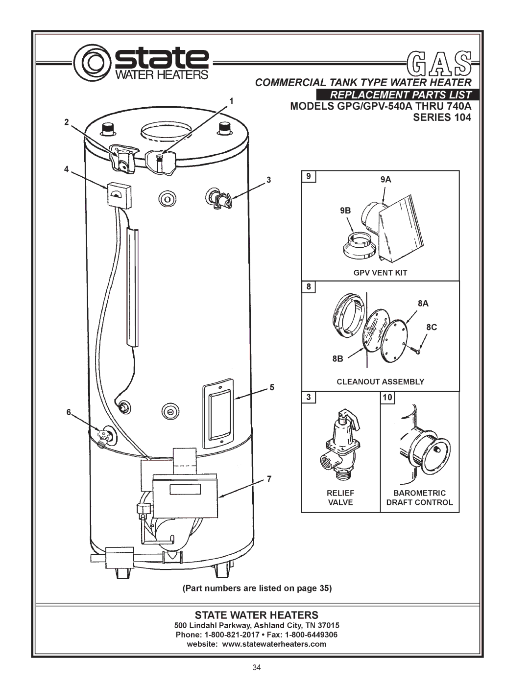 State Industries 650A, 540A, 740A warranty Replacement Parts List 