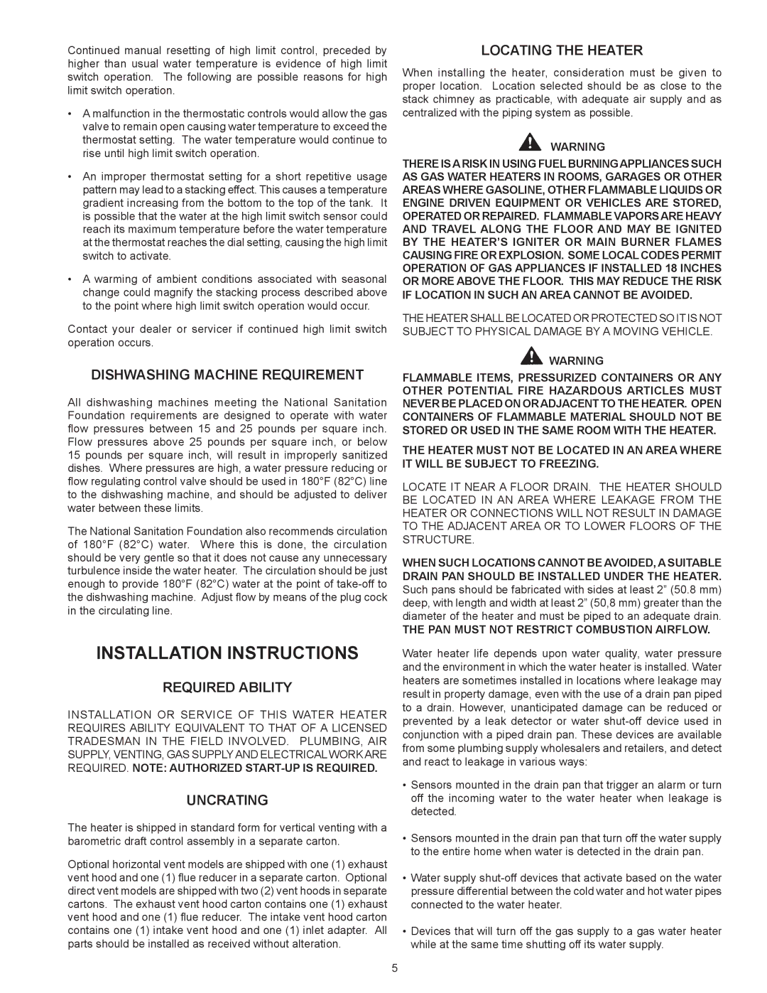 State Industries 740A, 540A, 650A Installation Instructions, Dishwashing Machine Requirement, Required Ability, Uncrating 