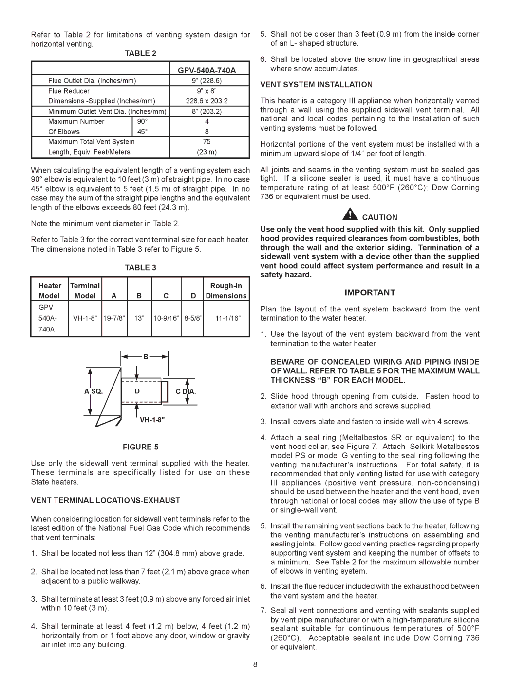 State Industries 740A, 540A, 650A warranty Vent Terminal LOCATIONS-EXHAUST, Vent System Installation 