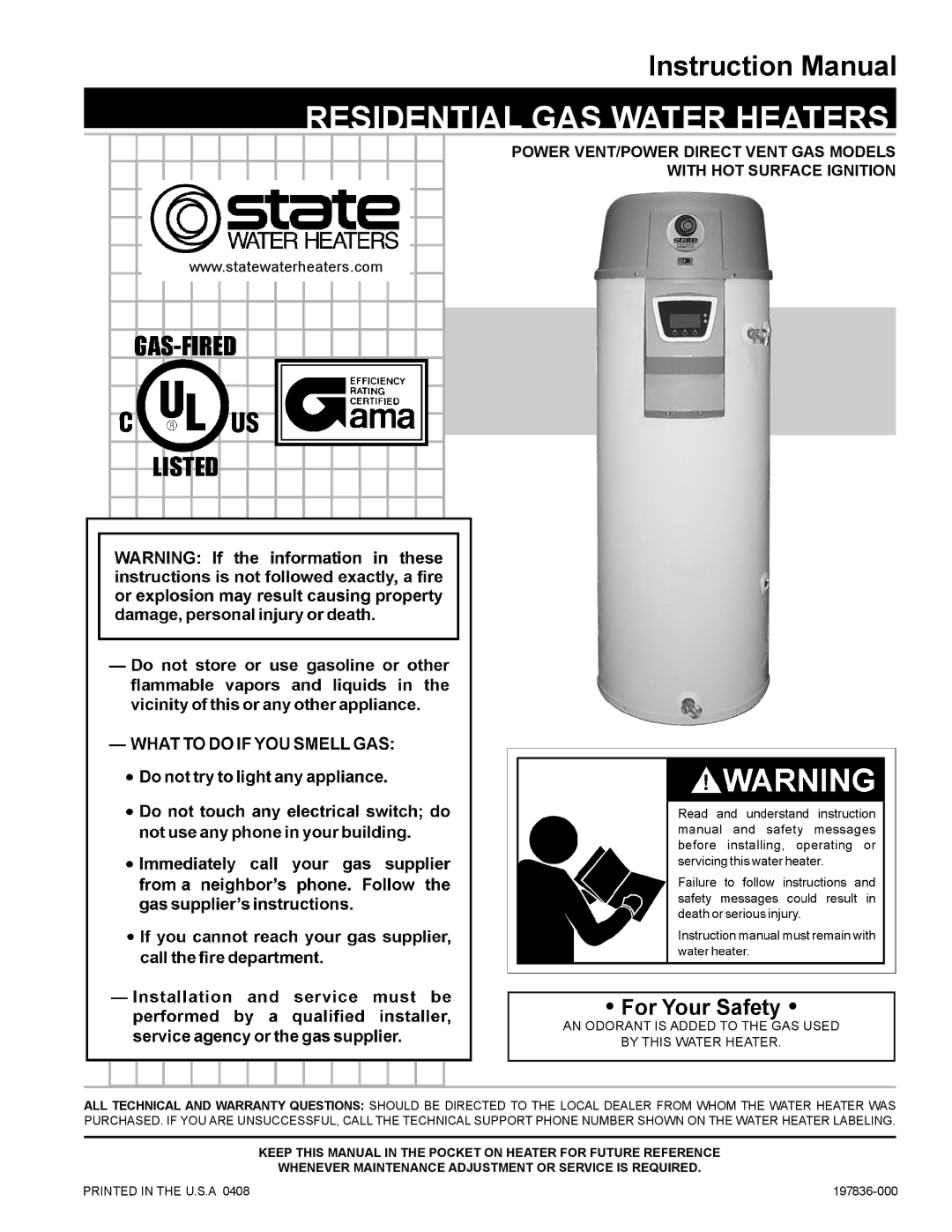 State Industries A B C D E F 100 instruction manual Whenever maintenance adjustment or service is required, 197836-000 