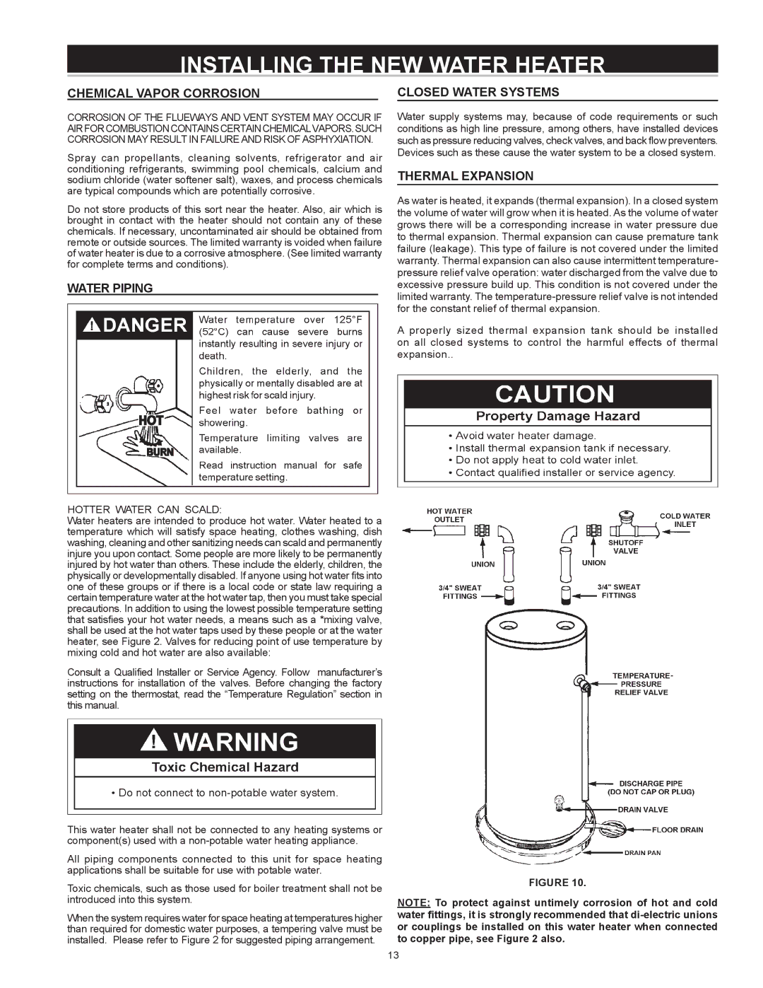 State Industries A B C D E F 100 instruction manual Installing the NEW Water Heater, Chemical Vapor Corrosion, Water Piping 