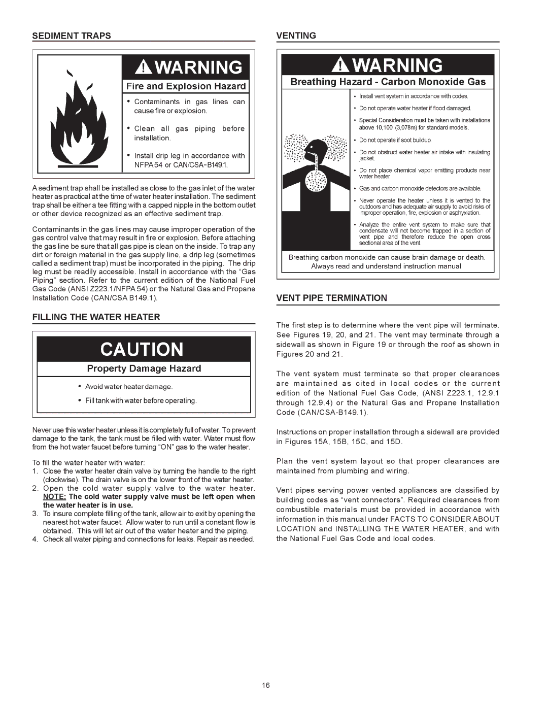 State Industries A B C D E F 100 instruction manual Sediment Traps Venting, Filling the Water Heater, Vent Pipe Termination 