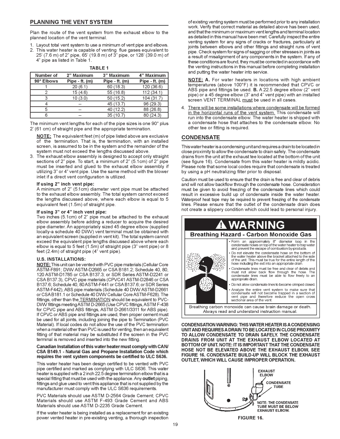 State Industries A B C D E F 100 instruction manual Planning the Vent System, Condensate, Installations 