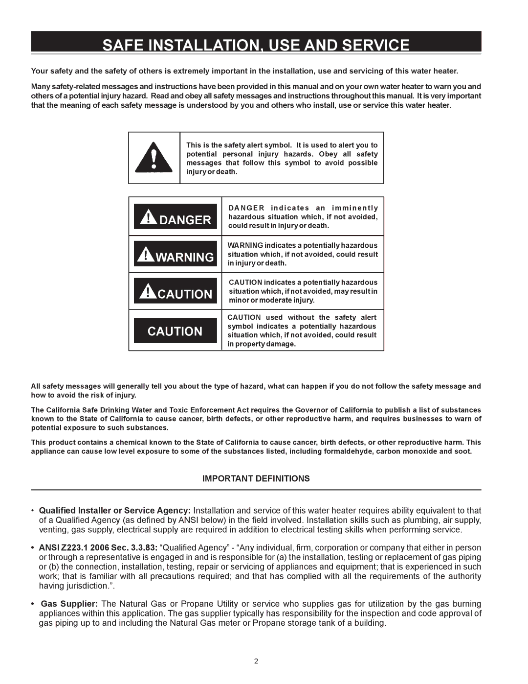 State Industries A B C D E F 100 instruction manual Safe INSTALLATION, USE and Service, Important Definitions 