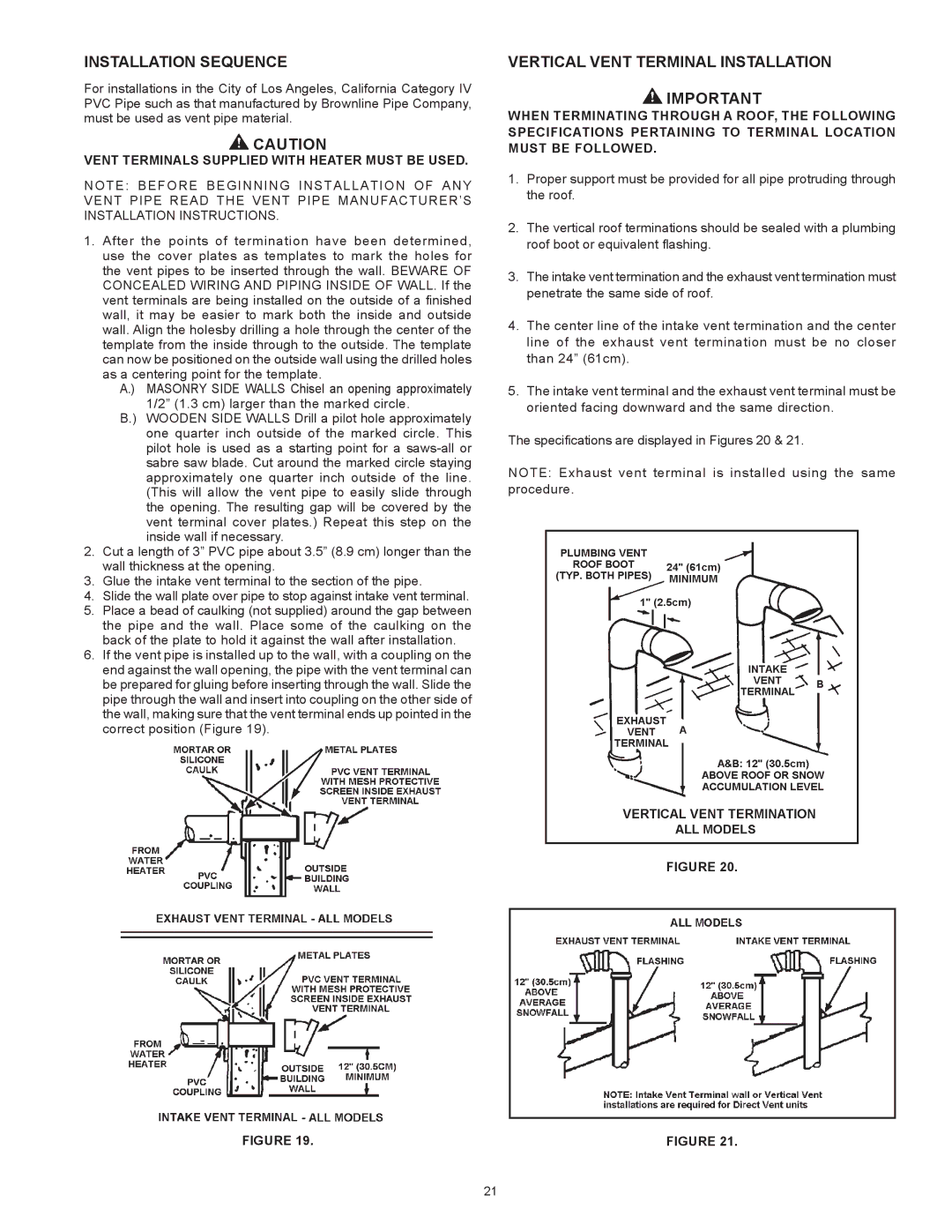 State Industries A B C D E F 100 instruction manual Installation Sequence, Vertical Vent Terminal Installation 