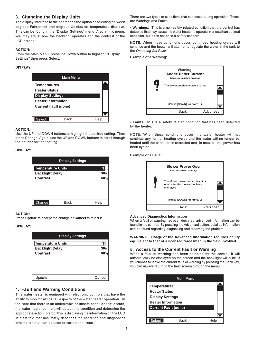 State Industries A B C D E F 100 instruction manual Changing the Display Units, Fault and Warning Conditions 