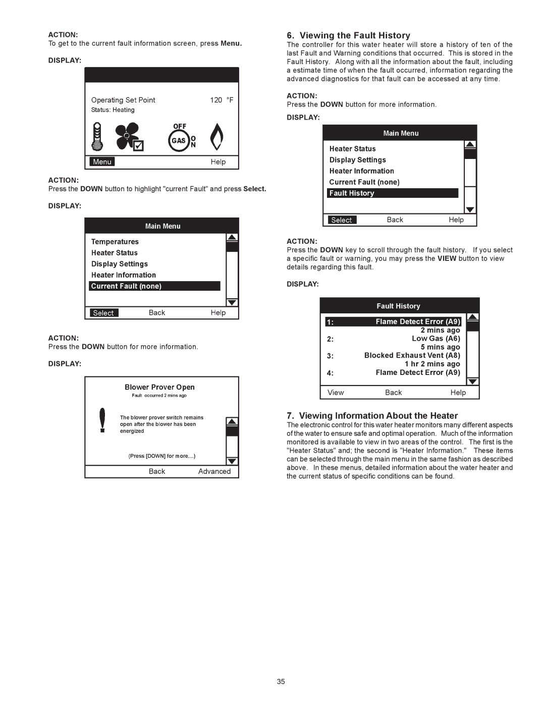 State Industries A B C D E F 100 instruction manual Viewing the Fault History, Viewing Information About the Heater 