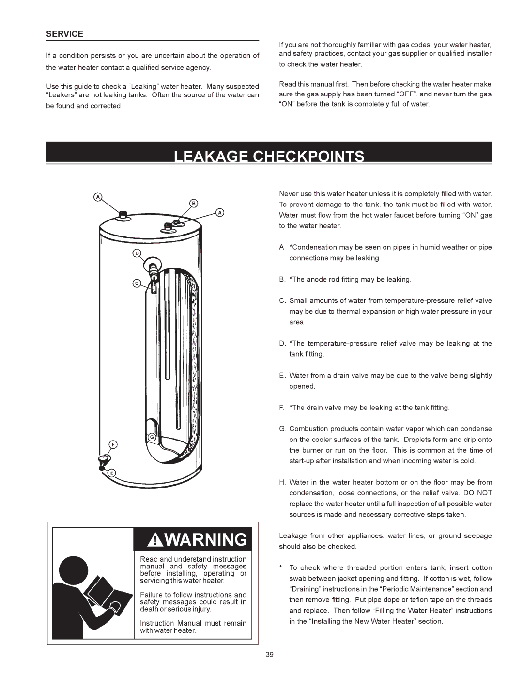 State Industries A B C D E F 100 instruction manual Leakage Checkpoints, Service 