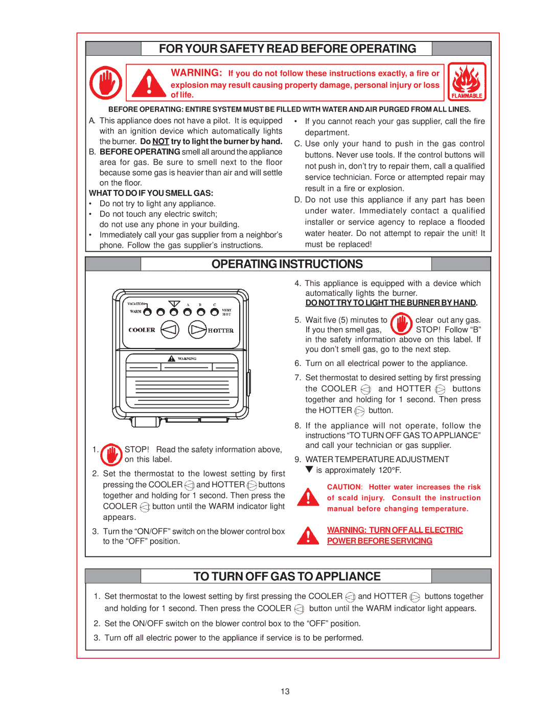 State Industries XCVIT, CCVIT PR6 50, PR6 40 owner manual What to do if YOU Smell GAS, Do not TRY to Light the Burner by Hand 