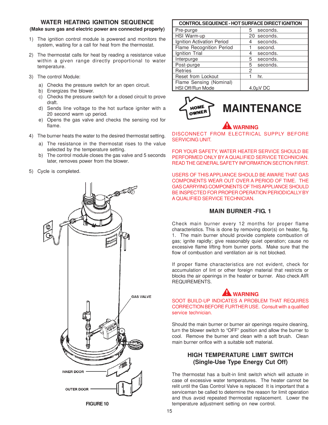 State Industries CCVIT PR6 50, XCVIT Water Heating Ignition Sequence, Main Burner -FIG, High Temperature Limit Switch 