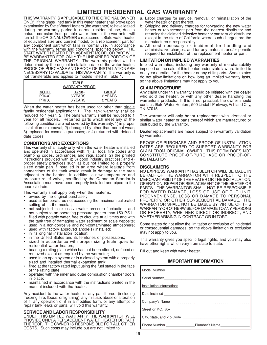 State Industries XCVIT Conditions and Exceptions, Service and Labor Responsibility, Limitation on Implied Warranties 