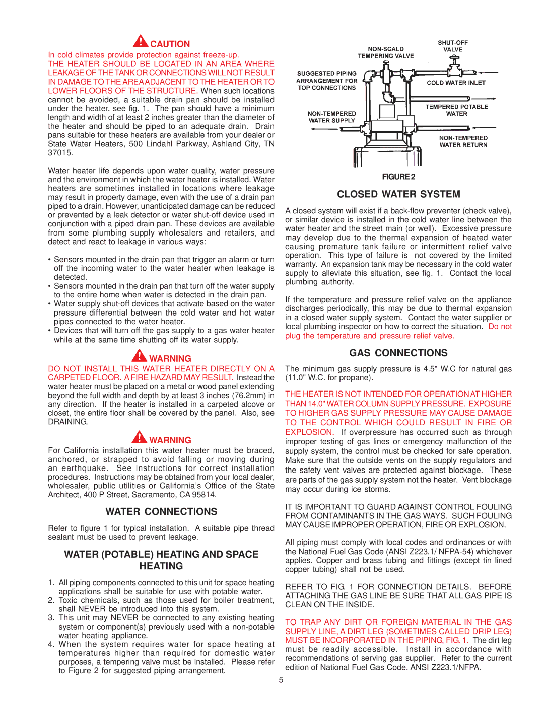 State Industries PR6 40, XCVIT Water Connections, Water Potable Heating and Space, Closed Water System, GAS Connections 