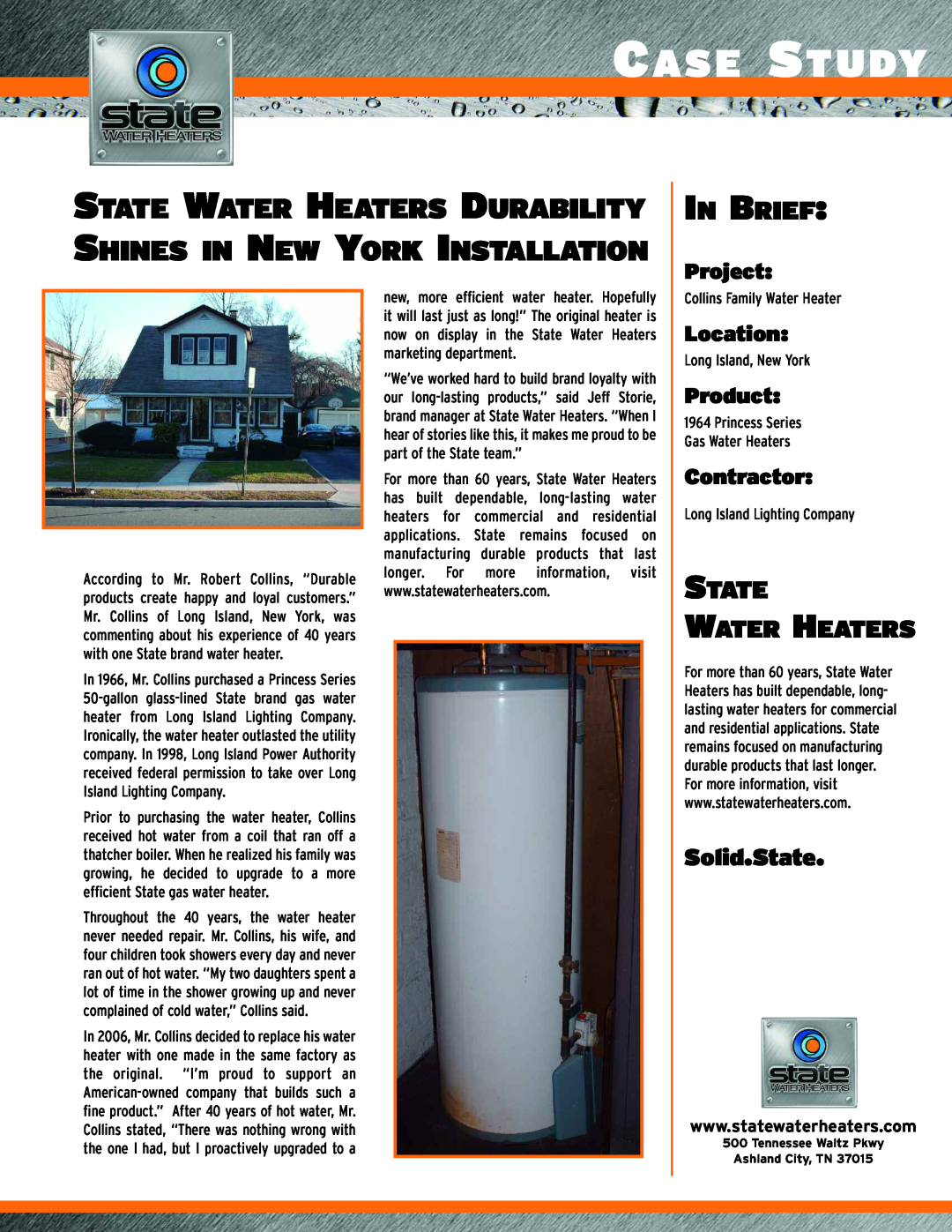 State Industries Collins manual Case Study, State Water Heaters Durability Shines In New York Installation, In Brief 