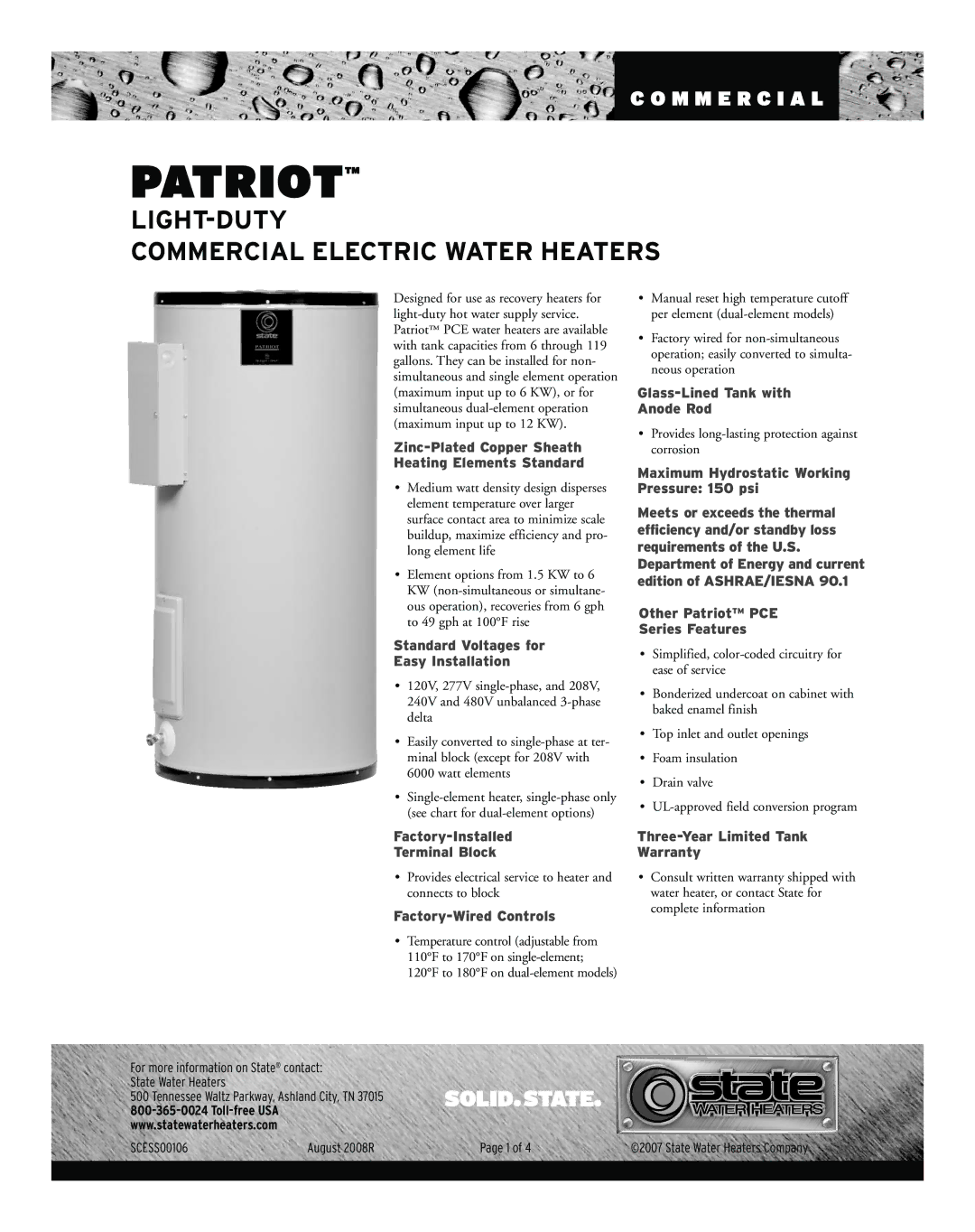 State Industries Commercial Electric Water Heater warranty Patriot 