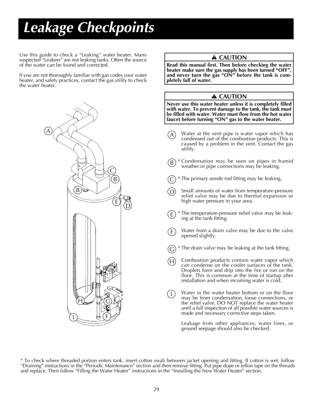 State Industries Commercial Gas Water Heater instruction manual Leakage Checkpoints 
