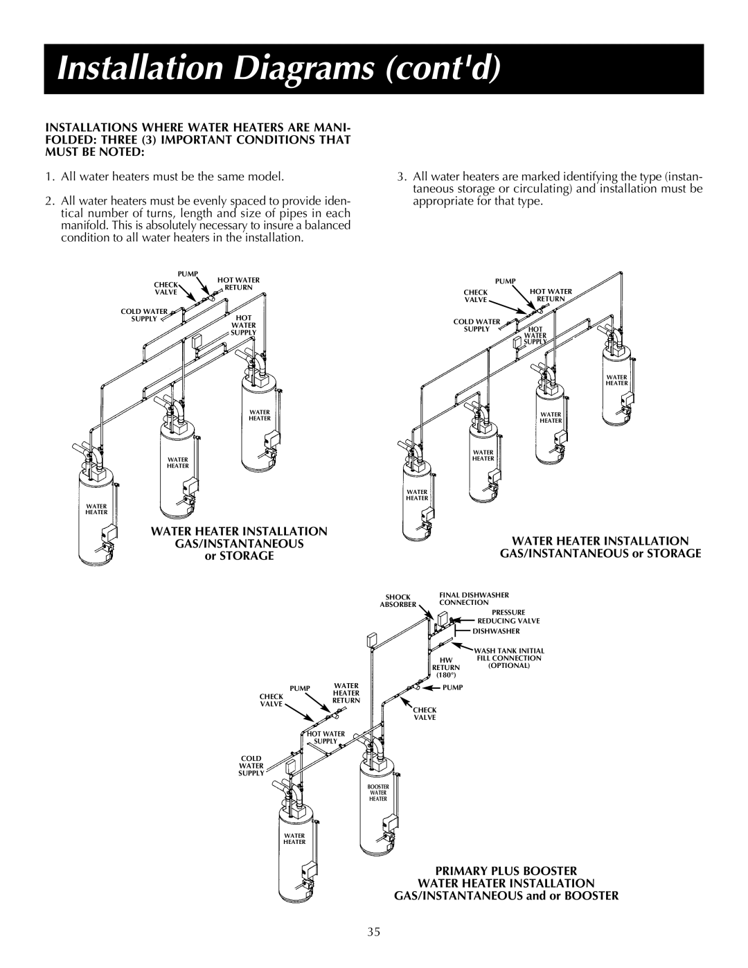 State Industries Commercial Gas Water Heater Installation Diagrams contd, Water Heater Installation GAS/INSTANTANEOUS 