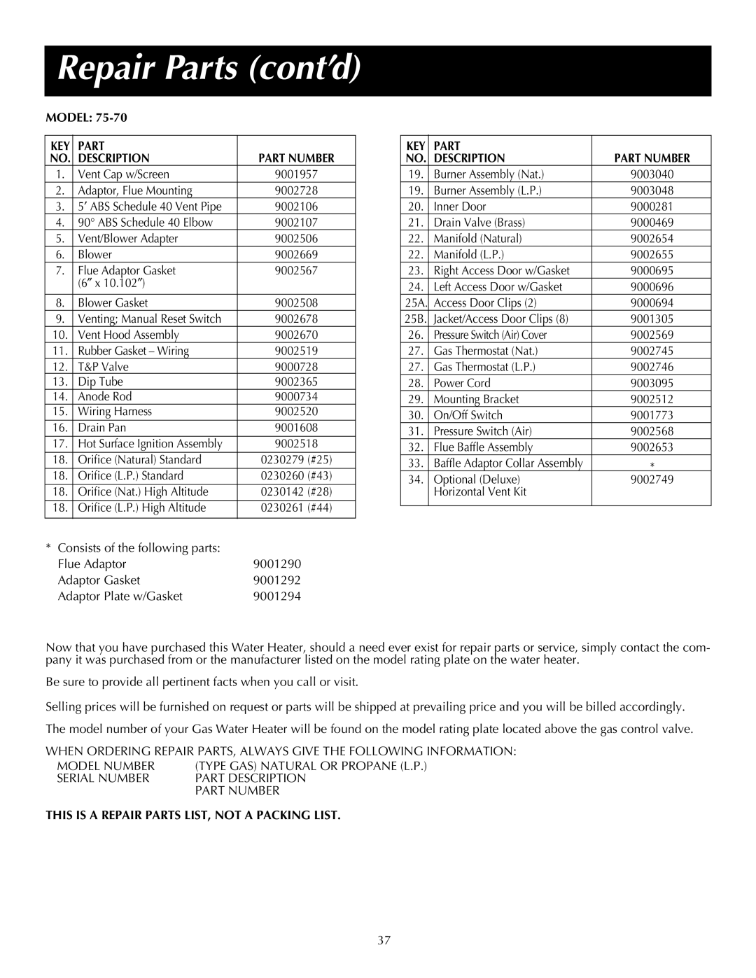 State Industries Commercial Gas Water Heater instruction manual Repair Parts cont’d, Part Description Part Number 