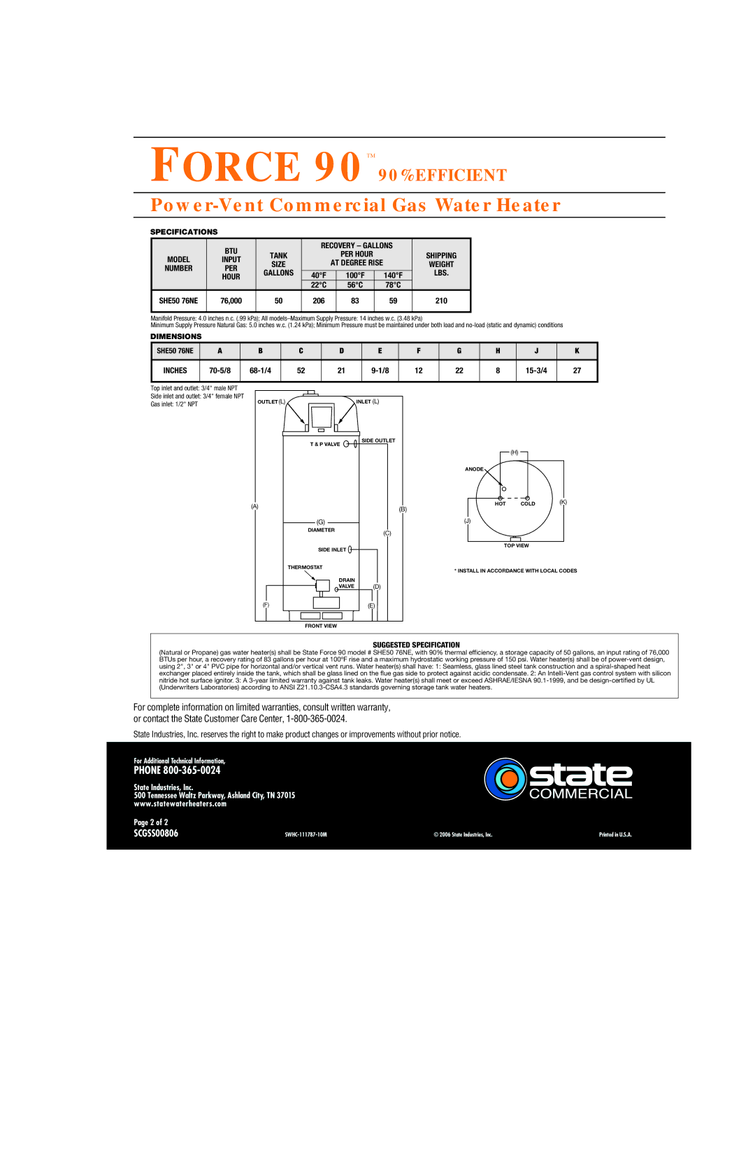 State Industries FORCE 90TM warranty Specifications BTU Recovery Gallons, Lbs, Dimensions, Inches 