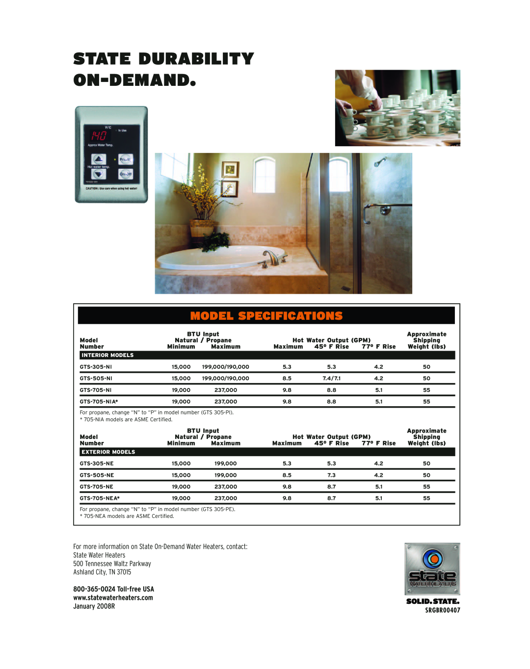 State Industries Gas-Fired Water Heaters manual State Durability On-Demand, January 2008R, Model Specifications 