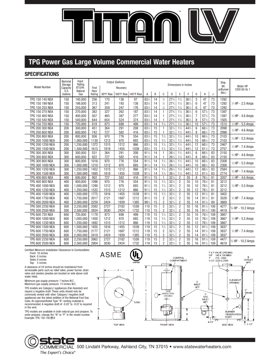 State Industries Oil & Dual Fuel Commercial Water Heaters warranty TPG Power Gas Large Volume Commercial Water Heaters 