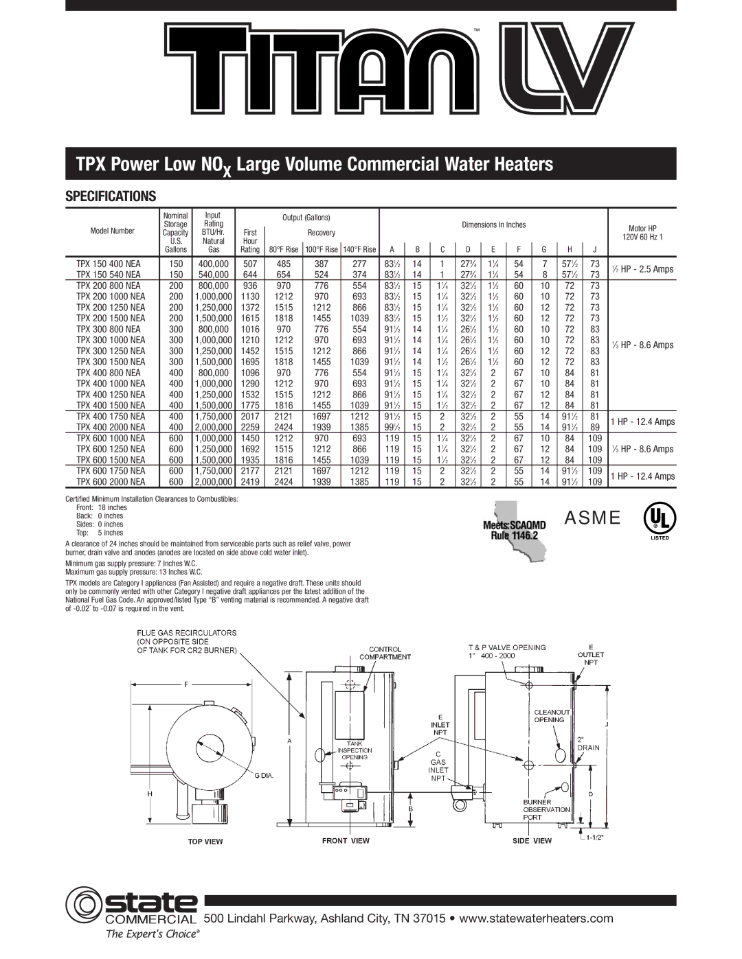 State Industries Oil & Dual Fuel Commercial Water Heaters, Gas TPX Power Low NOX Large Volume Commercial Water Heaters 