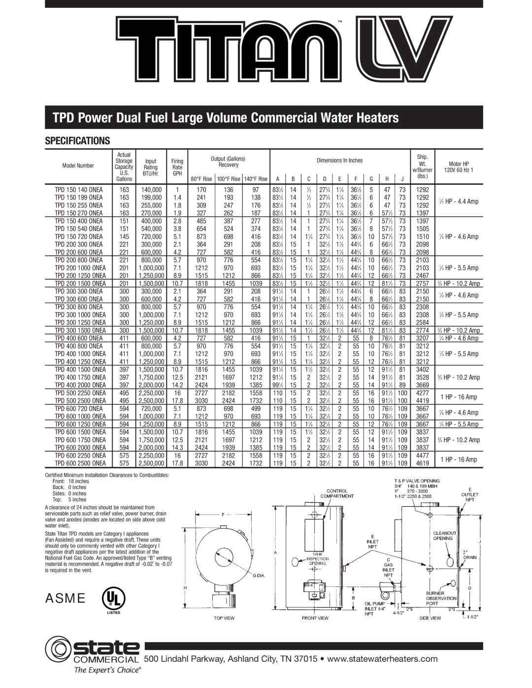 State Industries Oil & Dual Fuel Commercial Water Heaters, Gas TPD Power Dual Fuel Large Volume Commercial Water Heaters 