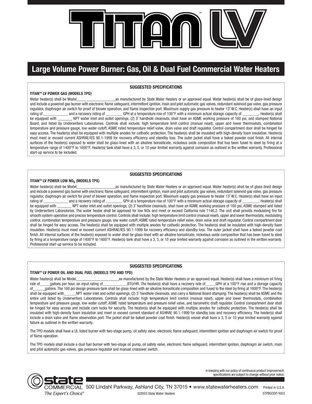 State Industries Gas, Oil & Dual Fuel Commercial Water Heaters warranty Suggested Specifications, State Water Heaters 