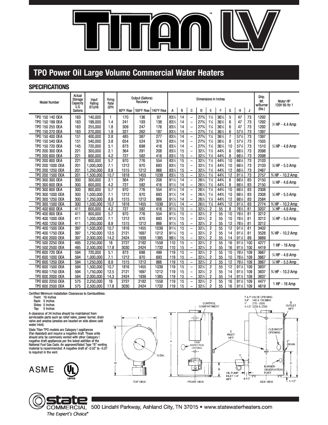 State Industries Gas, Oil & Dual Fuel Commercial Water Heaters Asme, Specifications, TPO 150 140 OEA, The Expert’s Choice 