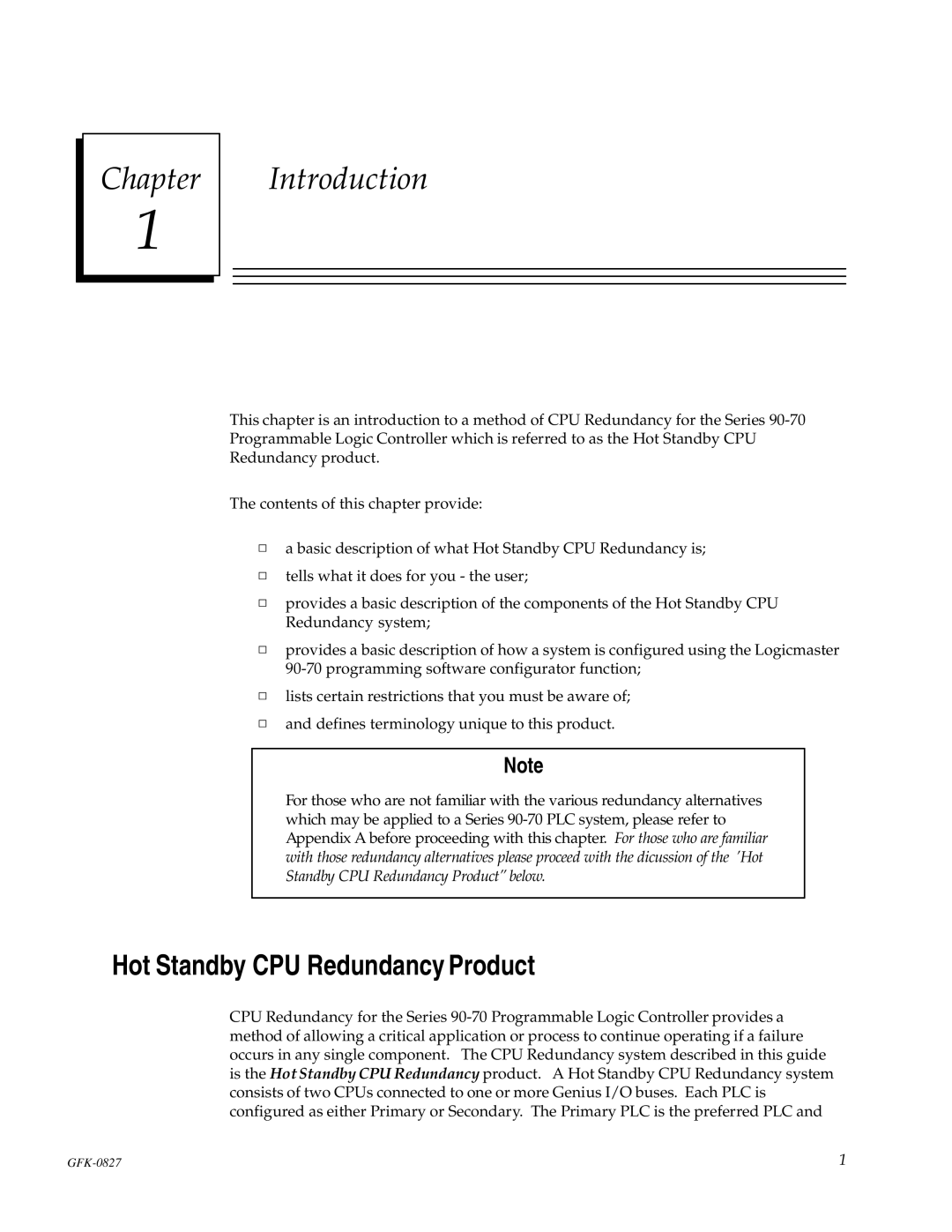 State Industries GFK-0827 manual Chapter Introduction, Hot Standby CPU Redundancy Product 