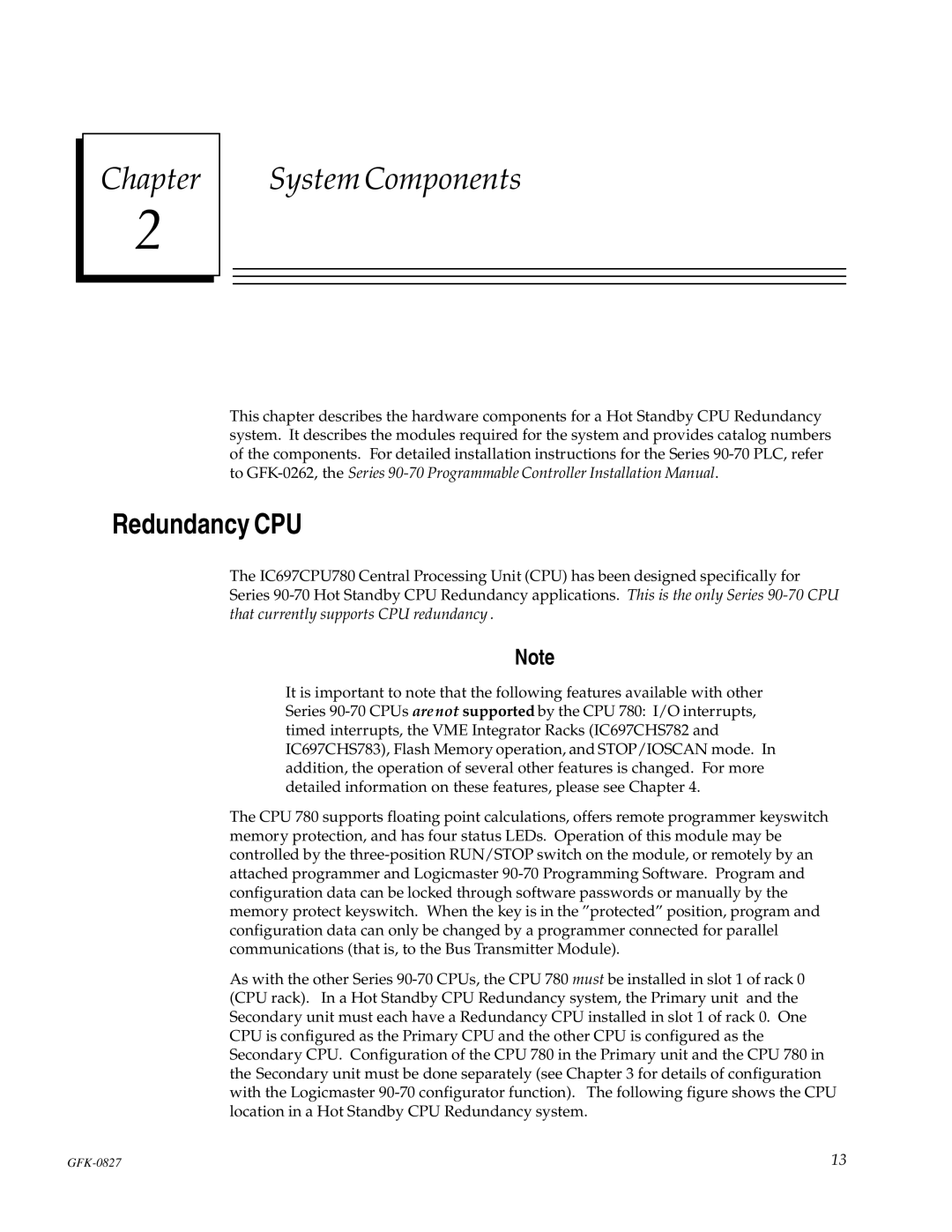 State Industries GFK-0827 manual Chapter System Components, Redundancy CPU 