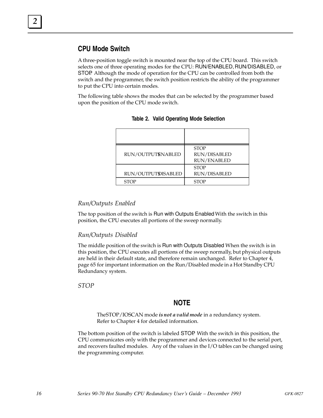 State Industries GFK-0827 manual CPU Mode Switch, Valid Operating Mode Selection 