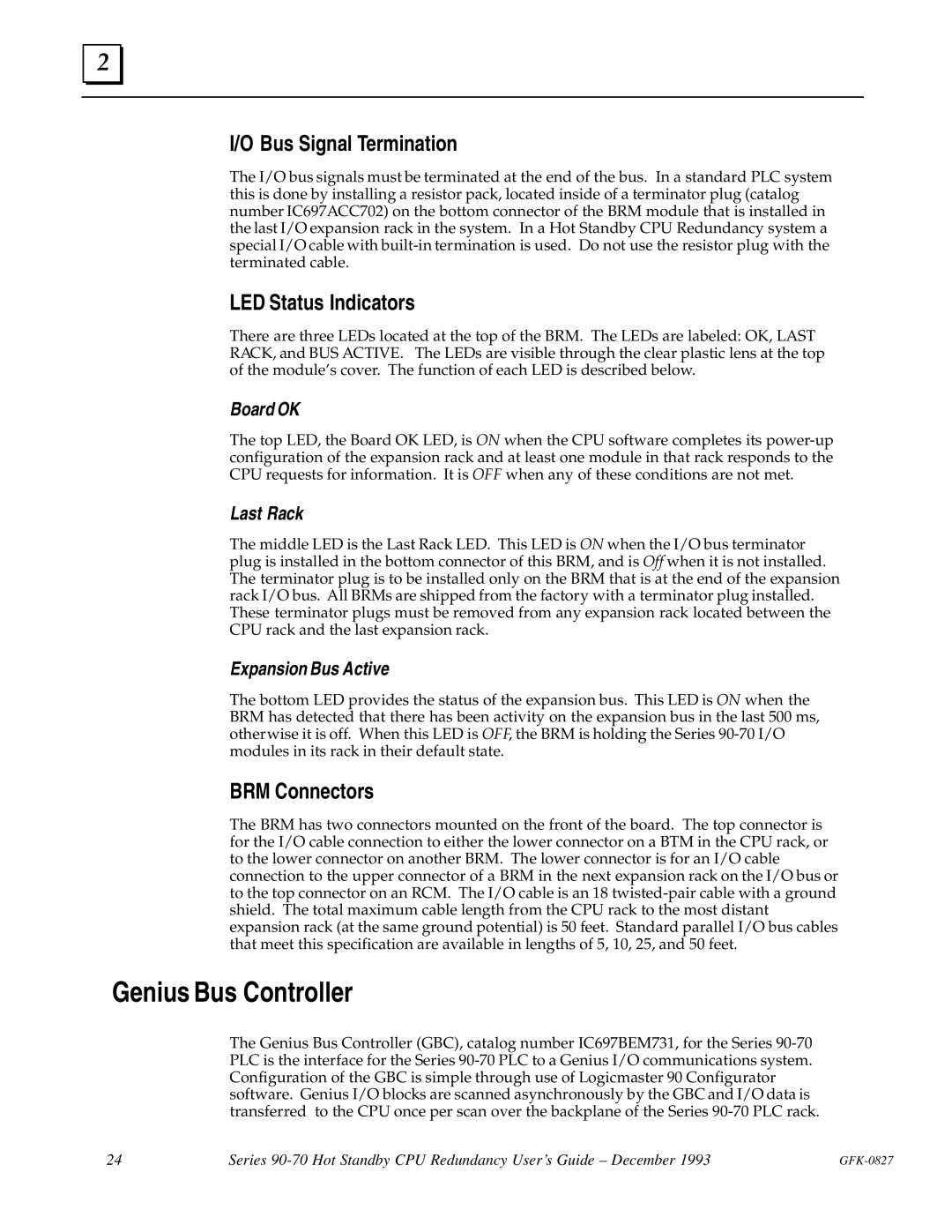 State Industries GFK-0827 manual Genius Bus Controller, Bus Signal Termination, BRM Connectors 