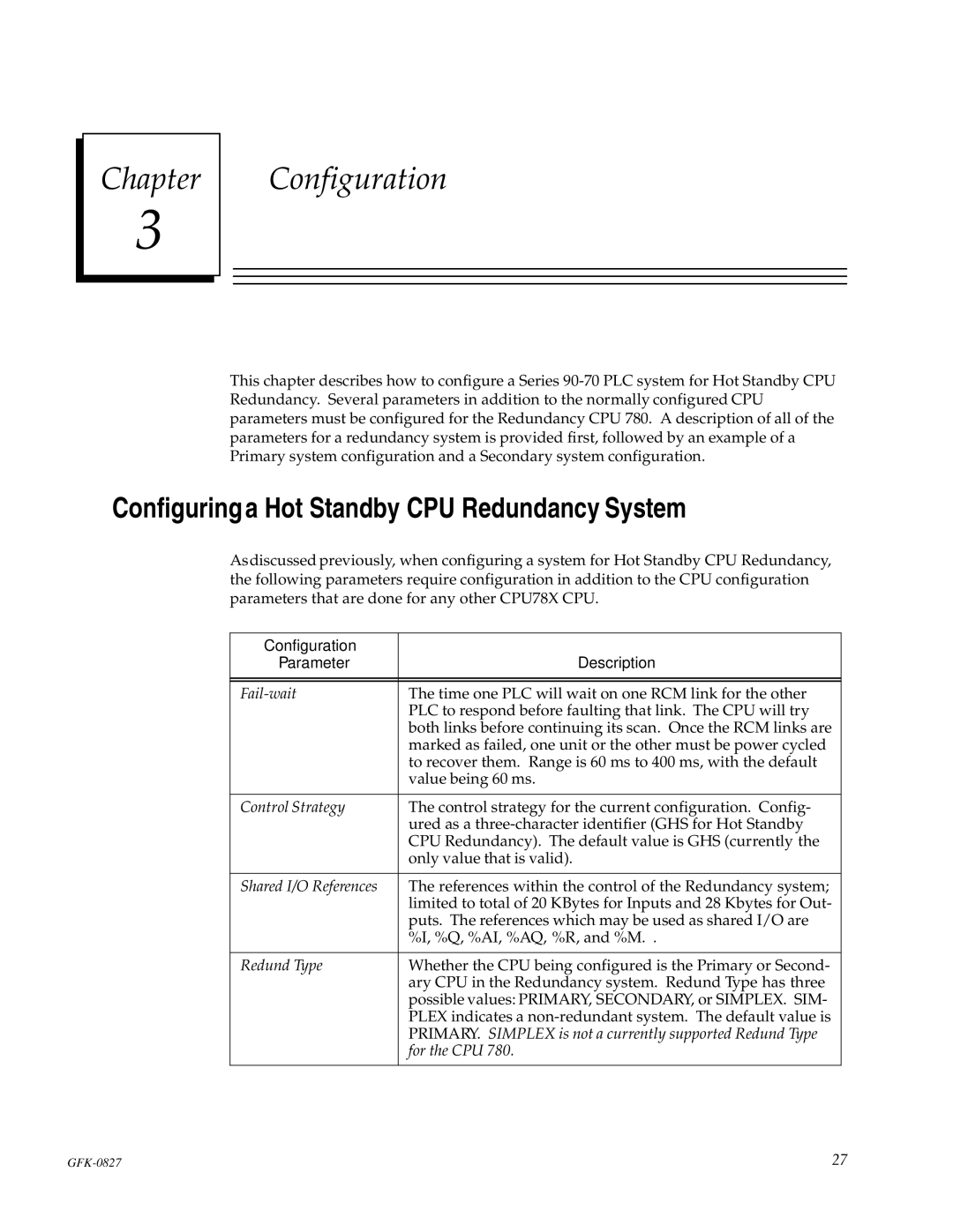 State Industries GFK-0827 manual Chapter Configuration, Configuring a Hot Standby CPU Redundancy System 