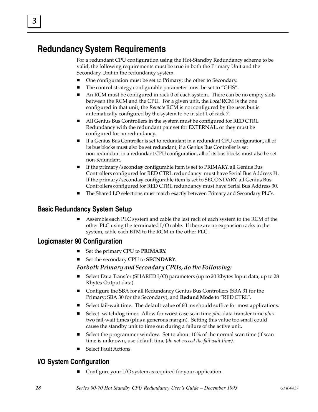 State Industries GFK-0827 Redundancy System Requirements, Basic Redundancy System Setup, Logicmaster 90 Configuration 