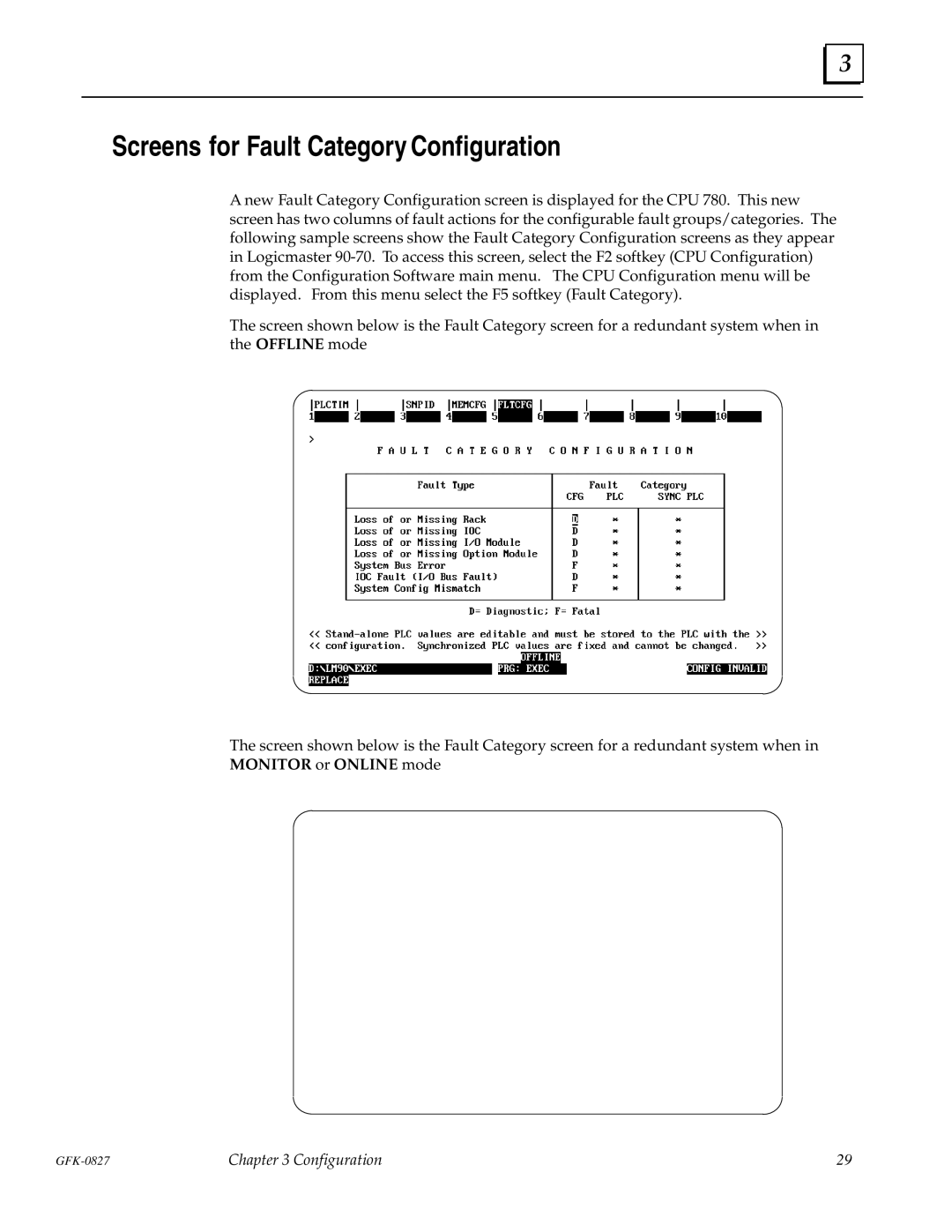 State Industries GFK-0827 manual Screens for Fault Category Configuration, Monitor or Online mode 