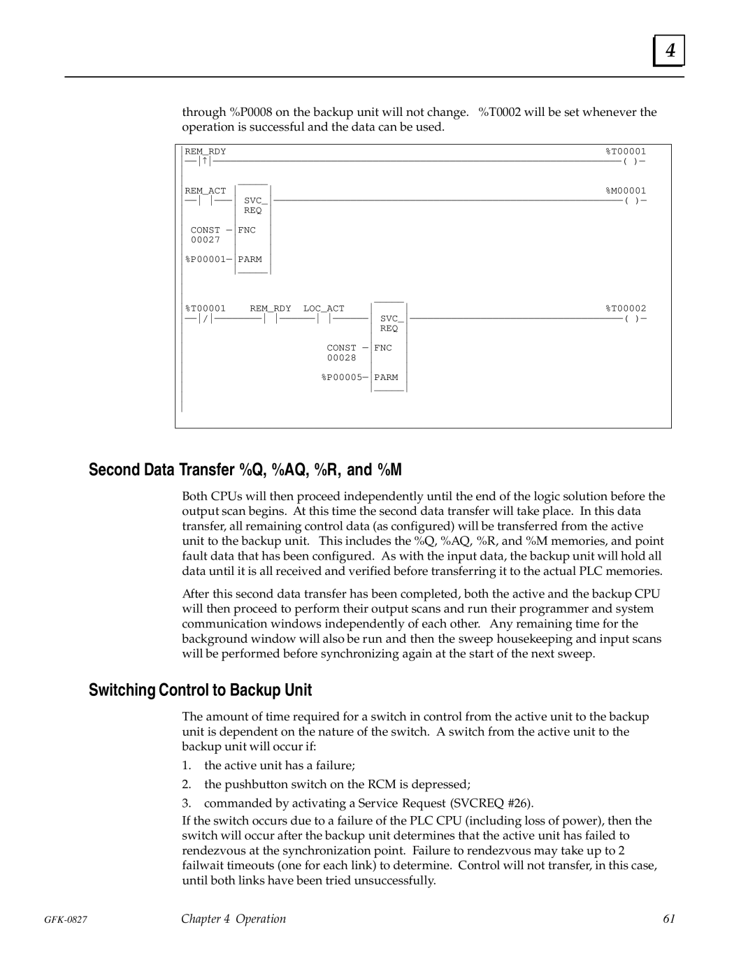 State Industries GFK-0827 manual Second Data Transfer %Q, %AQ, %R, and %M, Switching Control to Backup Unit 