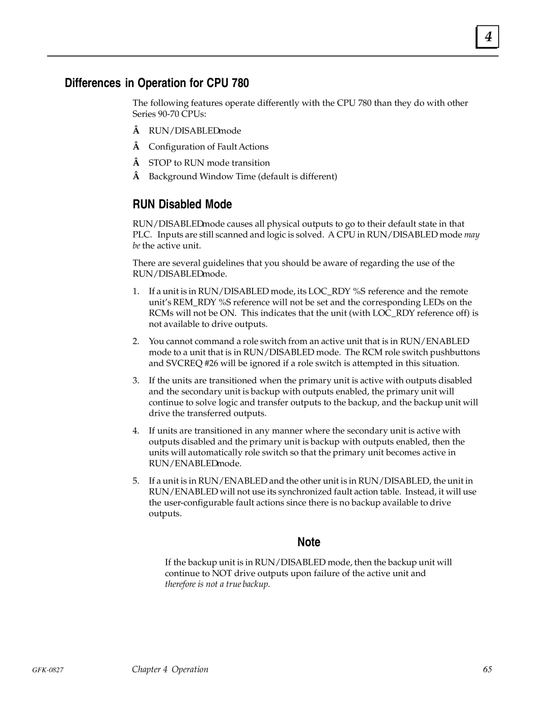 State Industries GFK-0827 manual Differences in Operation for CPU, RUN Disabled Mode 