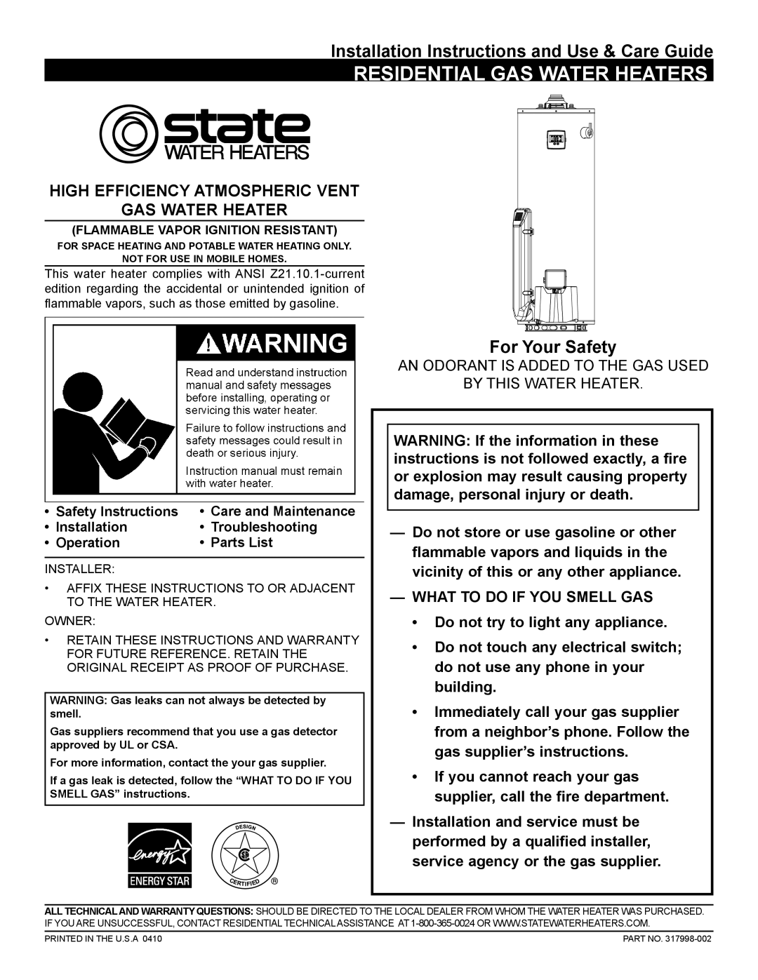 State Industries GP 6 40YPC T 100, GP 6 50YPC T 100, 317998-002 installation instructions Residential GAS Water Heaters 