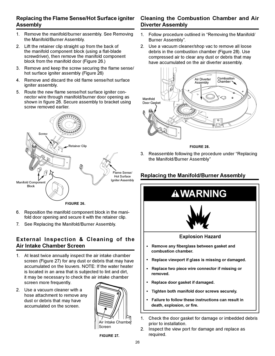 State Industries 317998-002 Replacing the Flame Sense/Hot Surface igniter Assembly, Replacing the Manifold/Burner Assembly 