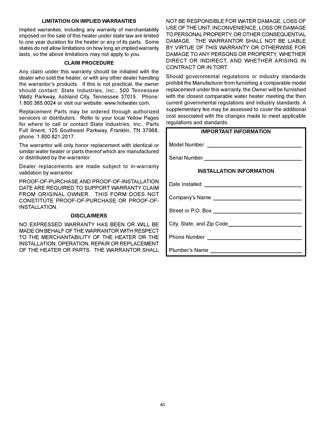 State Industries GP 6 40YPC T 100, GP 6 50YPC T 100, 317998-002 installation instructions Important Information 